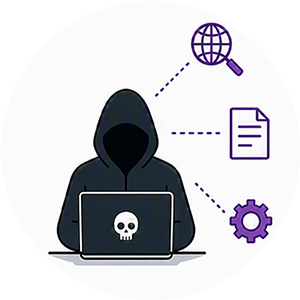 Grafische Darstellung von einem Hacker im dunklen Hoodie an einem Laptop, daneben Symbole für Recherche und Prozesse.