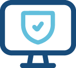 Stilisierter Computer-Monitor mit einem abgehakten Schutzschild in der Mitte steht für erfolgreiche IT-Assetverwaltung.