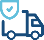 Stilisierter Lastwagen mit einem abgehakten Schutzschild steht für Lieferketten-Sicherheit.
