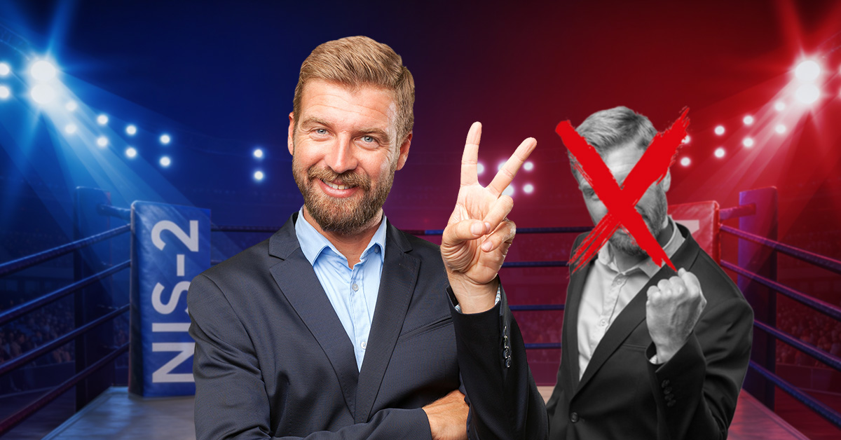 Zwei Geschäftsmänner stehen in einem Boxring mit der Beschriftung NIS-2; einer macht eine Siegesgeste mit der Hand und lächelt, während der andere mit einem roten X als Verlierer gekennzeichnet ist.