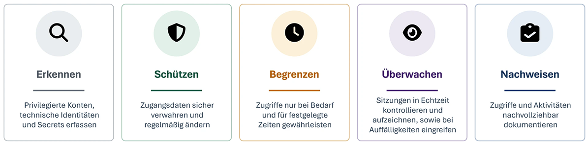 Übersicht der Funktionen von Privileged Access Management: Erkennen, Schützen, Begrenzen, Überwachen und Nachweisen mit kurzer Erklärung.