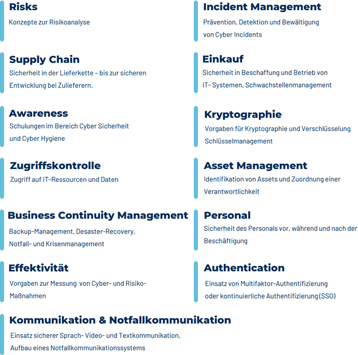 Rechts stehende Textfelder beschreiben verschiedene Aspekte der Cybersicherheit und Notfallmanagement.