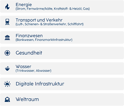 Liste von Kategorien mit verschiedenen Themen: Energie, Transport, Finanzen, Gesundheit, Wasser, digitale Infrastruktur und Weltraum.