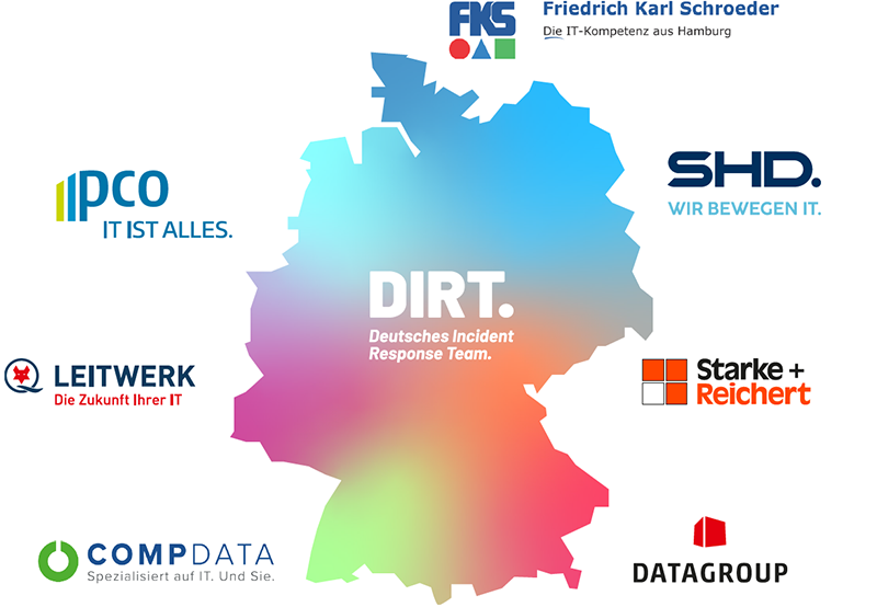 Eine farbenfrohe Deutschlandkarte zeigt verschiedene IT-Firmenlogos, darunter DIRT und CompDATA.