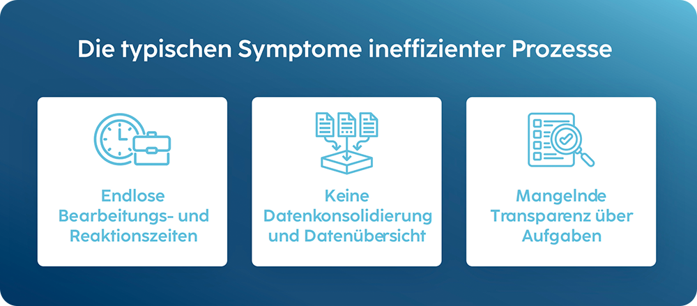 Typische Symptome ineffizienter Prozesse sind endlose Bearbeitungszeiten, fehlende Datenübersicht und mangelnde Aufgabentransparenz.