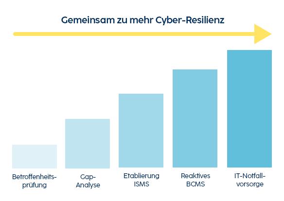 Balkendiagramm zeigt Schritte zur Steigerung der Cyber-Resilienz in verschiedenen Phasen.