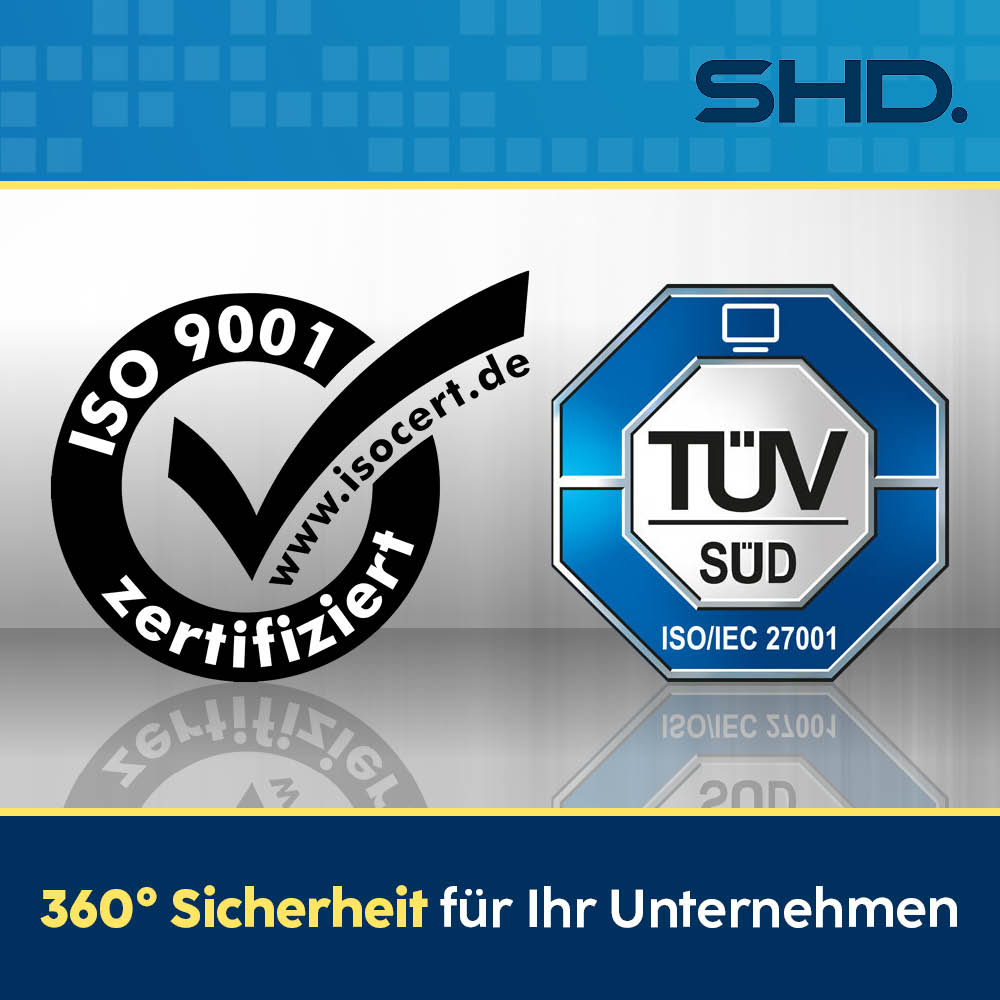 Zwei Zertifizierungssymbole repräsentieren Qualitätsmanagement und Informationssicherheit für Unternehmen.