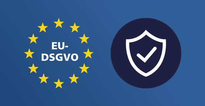 Ein blaues Hintergrundbild zeigt einen EU-Sternenkranz und ein Sicherheitslogo mit Haken.
