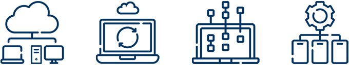Vier Icons, die Themen zum Mobile Device Management darstellen: Verwaltung, Patching, Apps und Smartphones.