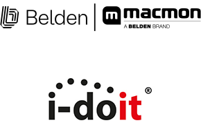 Logo von belden mit dem Zusatz macmon, a belden brand und von i-doit.