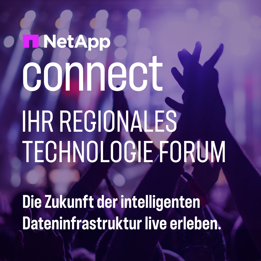 Feiernde Gruppe im Scheinwerfer-Licht, Text weist auf NetApp Connect hin, das Technologie-Forum für intelligente Dateninfrastruktur.
