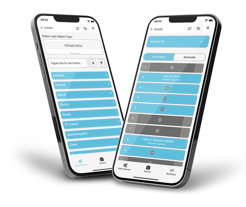 Zwei Smartphones mit Beispielbildern aus der App SHD View | Mobile: eine Objektliste und eine Rack-Ansicht.