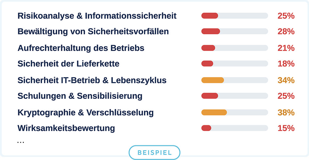 Auflistung der Anforderungen von NIS-2 mit einer prozentualen Angabe des Grads der Erfüllung