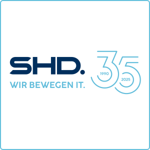 Logo von SHD mit dem Slogan „Wir bewegen IT“ und dem 35-Jahre-Jubiläum.