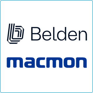 Belden und macmon Markenlogos präsentieren innovative IT-Lösungen, unterstützt von SHD für optimale Netzwerkintegration.