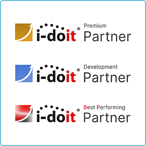 Logo von i-doit, das SHD als Premium Partner, Development Partner und Best Performing Partner darstellt.