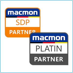 Zwei Logos präsentieren Partnerqualifikation von SHD als macmon Platin Partner und SDP Partner im Bereich IT-Dienstleistungen.