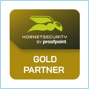Gold-Partnerschild von Hornetsecurity by proofpoint betont SHD als Partner für IT-Sicherheitslösungen.
