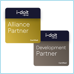 Logo von i-doit, das die Partnerschaft mit SHD als Alliance Partner und Development Partner darstellt.