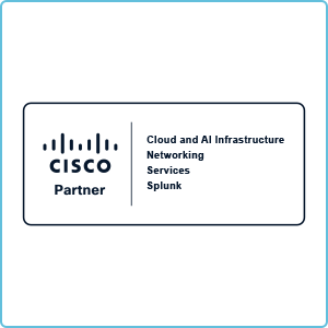 CISCO-Partnerlogo zeigt Spezialisierungen in Cloud and AI Infrastructure, Networking, Services und Splunk, relevant für IT-Dienstleister SHD.