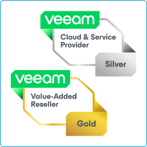 Veeam-Logo zeigt die Auszeichnung Value-Added Reseller Gold und Cloud & Service Provider Silver für SHD in der IT-Branche.